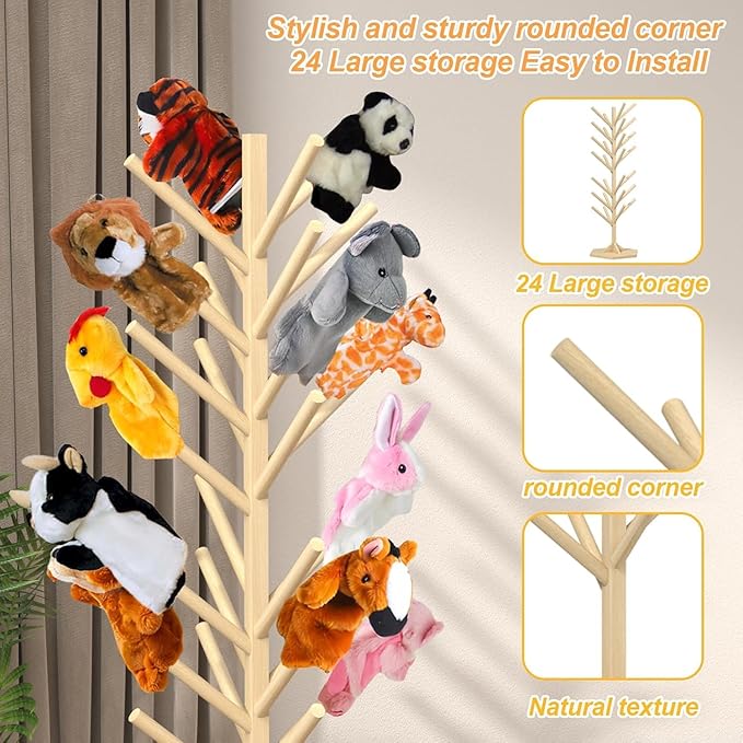 Wooden Puppet Stand – 45.5" Tall Puppet Tree Holds 30 Hand Puppets, Durable Anti-Crush Design for Safe Storage and Display