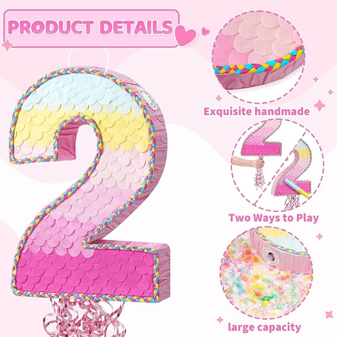 WERNNSAI Pink Sweet Two Pinata - Number 2 Pinata Happy Birthday Decoration Pink Rainbow Design Party Games for Girl Princess Baby Shower Party Favor with Blindfold Anniversary Celebration Supplies