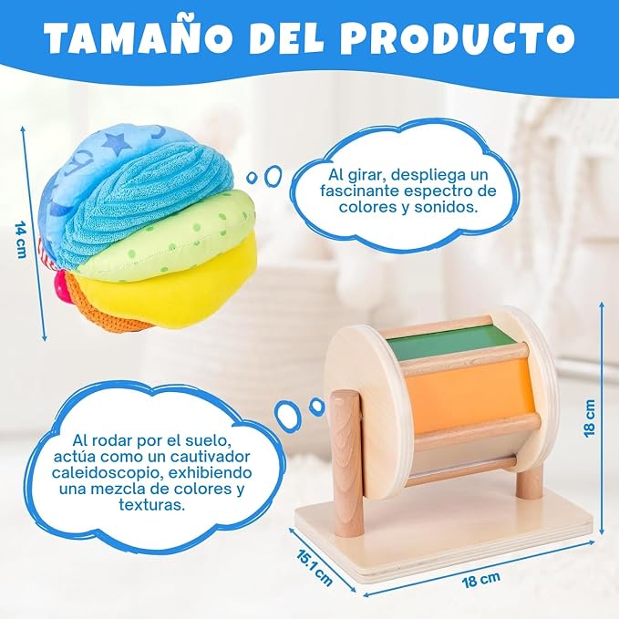 Montessori Baby Toys Play Kit Montessori, Medium Spinning Drum and Rainbow Fabric Ball Kit Toys for6-12Months Toddlers (Play Kit 3)