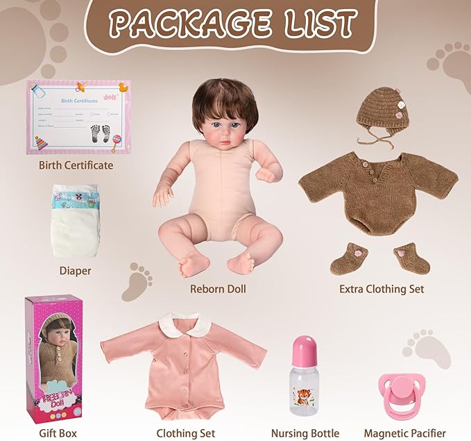 Ktaxon Reborn Baby Doll with 2 Set Clothes, 20-Inch Soft Cloth Body Realistic Baby Doll with All Accessories, Newborn Baby Dolls for 3+ Year Old Girls & Boy (Brown)
