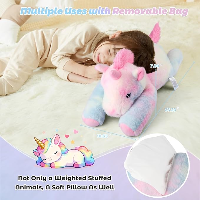 Bobbie & Laxi 23" 4.5lbs Unicorn Weighted Stuffed Animal–Adjustable Sitting & Laying Weighted Unicorn Plush Toy Pillow with Removable Ceramsite Bag Cuddly Soft Companion for Adult, Kid