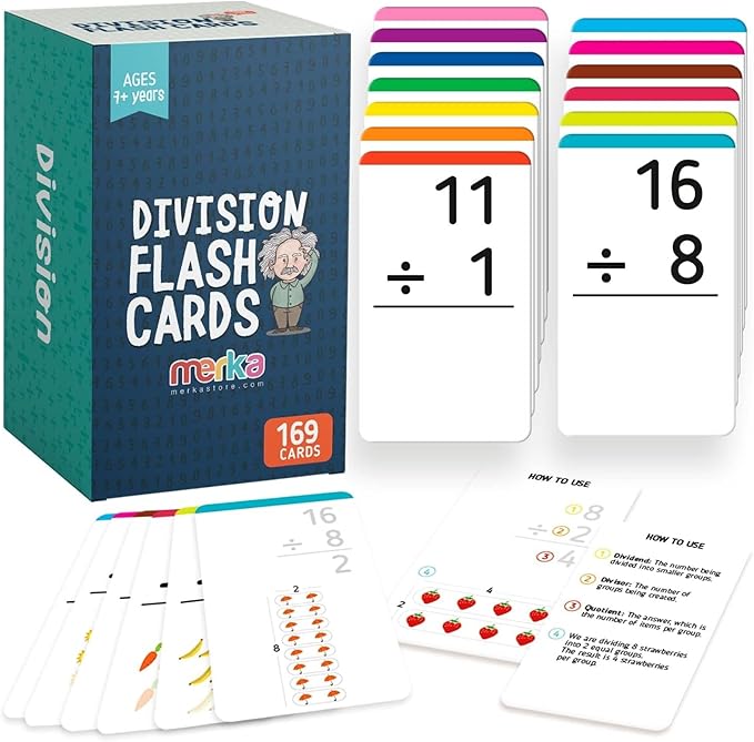 merka Third Grade Division Flash Cards - 169-Card Set, Multicolor Cardstock - 0-12 Division Facts Flashcards with Ring & Answers on Back - Classroom & Homeschool Math Manipulatives