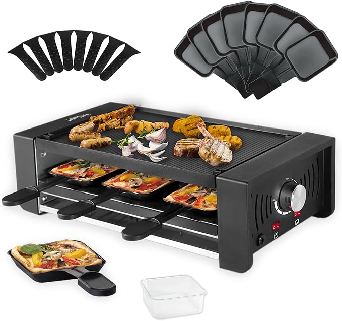 TAMARIT Raclette Party Grill, Indoor Electric Table Grill | Raclette Maker, Cast Aluminum Grill Plate, 8 Cheese Trays, 4 Pizza Pans, Dual Heater, for Family Gatherings and BBQ Parties