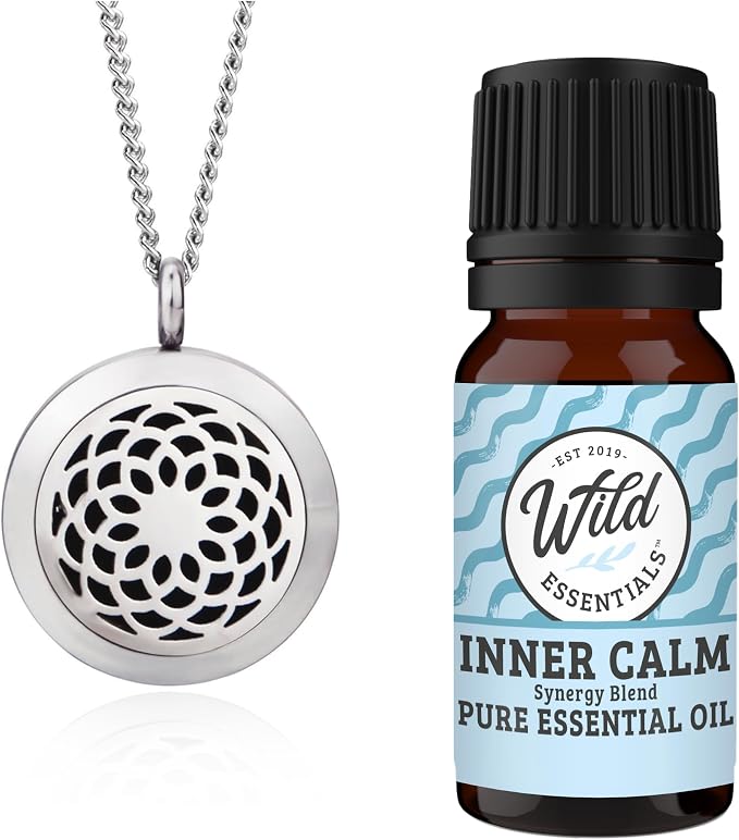 mEssentials Sunflower Essential Oil Diffuser Necklace Gift Set - Includes Aromatherapy Pendant, 24" Stainless Steel Chain, Refill Pads and 1-10ml Bottle of Inner Calm 100% Essential Oil
