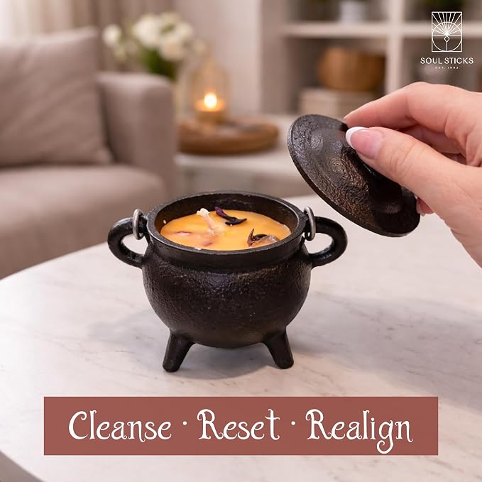 Reusable 4 Inch Cast Iron Cauldron Candle with Lid and Hanging Handle for Spell Casting, Smudging, Ritual & Blessings Pot Belly Witchcraft Candle Aromatherapy Scented (Palo Santo)