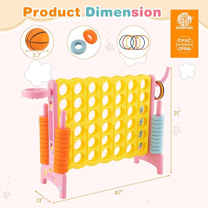COSTWAY Jumbo 4-to-Score Giant Game Set for Kids & Adults, 2.5Ft Indoor Outdoor Game with Basketball Hoop, Ring Game, 42 Jumbo Rings, Quick-Release Slider, Perfect for Birth & Holiday Party