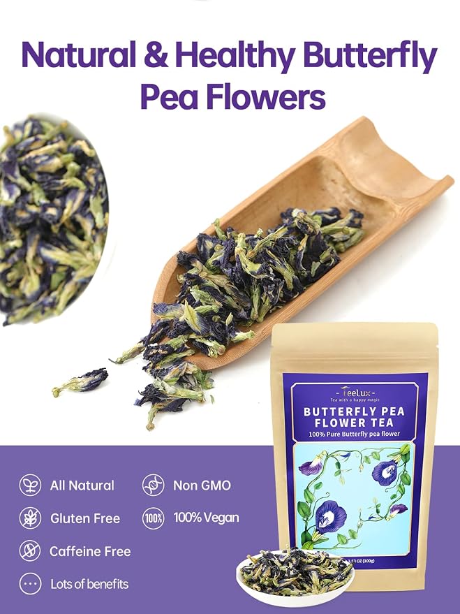 TeeLux Butterfly Pea Flower Tea, Non-GMO, Natural, Premium Dried Butterfly Pea Flower for Blue & Purple Drinks and Food Coloring, 3.5 Oz