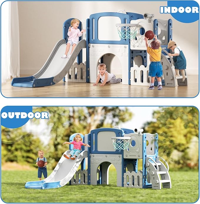 Glaf 9 in 1 Toddler Slide Outdoor Playset Playground Baby Kids Indoor Slides for Toddlers 1-3 with Climber Basketball Hoop Drawing Board and Storage Space (Blue)