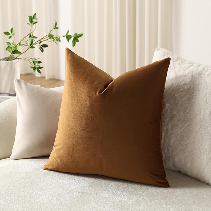 Throw Pillow Covers 16x16 Golden Brown: Pack of 2 Cozy Soft Velvet Square Modern Luxury Decorative Throw Pillow Cases for Sofa Couch Living Room Bed Home Decor