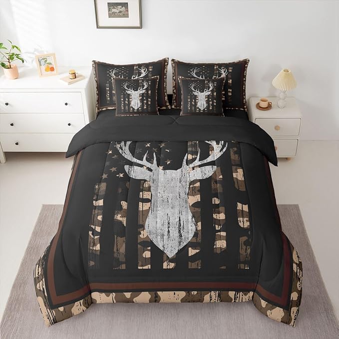 Feelyou Brown Deer Hunting Camo Twin Comforter Set with Sheets for Kids Boys Girls Camouflage Camo 7 Pieces Bedding Set American Flag Bed in a Bag Wild Animal Room Decor Soft Lightweight Microfiber