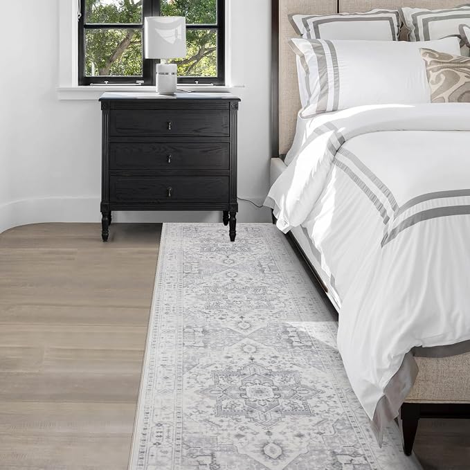 Srugn Kitchen Rug - Non Slip Hallway Runner - 2x8 Soft Faux Wool Washable Grey Vintage Throw Rug for Entryway and Bedroom