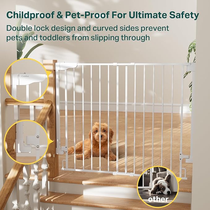 Cumbor 34" Extra Tall No Bottom Bar Baby Gate for Stairs, Hardware Mounted Dog Gate Indoor for Larger Pets, Expandable 29.2-43" Safety Gate for Doorways, Wide Walk Thru Door for Easy Access (White)