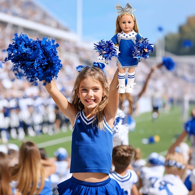 ARTST Cheer Uniform Doll Outfit-18 inch Doll Clothes & Accessories Set Including Pom Poms,Shoes,Socks and Hairbow,Sport Gifts for Girls Age 6+(Blue and White)