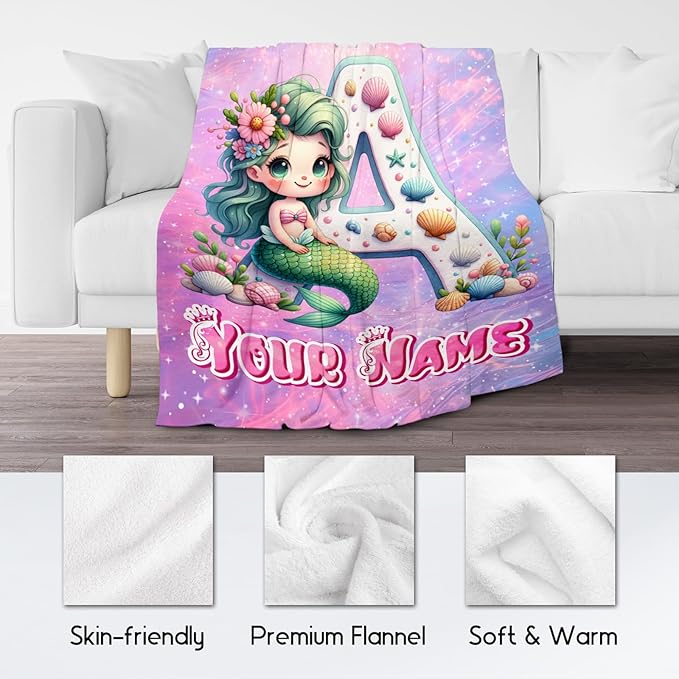 Personalized Blanket for Girls - Mermaid Blankets for Kids Ages 4 5 6 7 8 9-40"x50" Custom Throw with Name Monogrammed Gifts - Flannel Throws Initial Room Decor