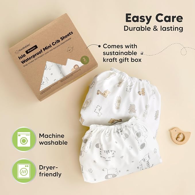 2-Pack Waterproof Pack and Play Sheets, Mini Crib Sheets Fitted for Boy, Girl - 38 x 26 Viscose from Bamboo Pack N Play Mattress Sheets for Graco, Toddler Playard Baby Crib Sheets Neutral (KeaSafari)