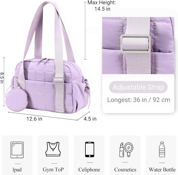 CAMTOP Mini Gym Bag for Women, Small Gym Tote Bag Puffy Quilted Sports Duffel Bag with Wet Compartment and Coin Purse Duffel Bags Dance Yoga Workout Bag for Gifts (Fashional Purple, Mini-12.6")