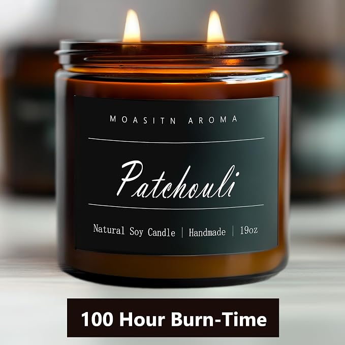 MOASITN Patchouli Large Heavenly Scented Candles for Home|19oz 100h Long Lasting Clean Burn|Natural Soy Aromatherapy Candle|2 Wick Jar Candle for Women,Men as Relaxing,Birthday,Housewarming Gifts