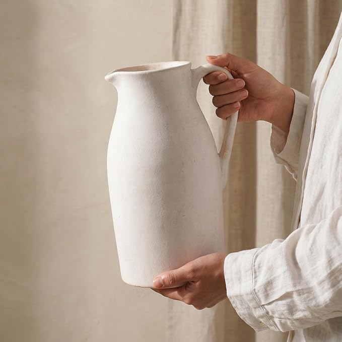Ceramic Flower Vase with Handles,11" Neutral Tall Clay Beige Terracotta Vases Farmhouse Table Vases with Handle Living Room Decor Rustic Pottery Pots for Home Shelf Coffee Dining Desk Fireplace