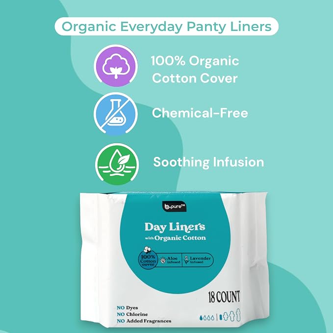 b.pure 100% Organic Cotton Herbal Panty Liners for Women | Chemical Free | Lavender & Aloe Infused | Light, Breathable Protection | 72-Count