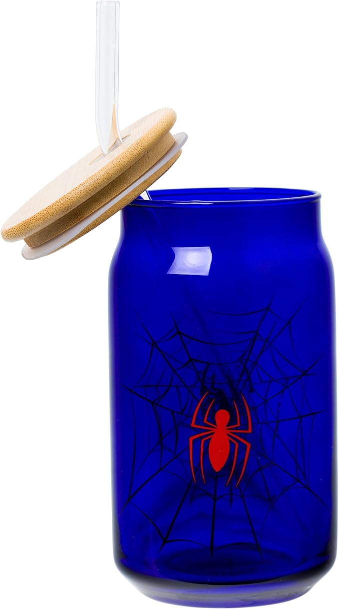 Silver Buffalo Marvel Spider-Man Spidey Spider Web Logo Glass Jar Tumbler with Bamboo Lid and Glass Straw, 16 Ounces