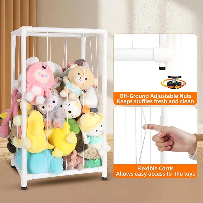 Stuffed Animal Storage Zoo Stuffed Animal Holder,Off-Ground and Space Save Vertical Stuffed Animals Organizer PVC with Elastic for Bedroom Playroom Nursery (White, small)