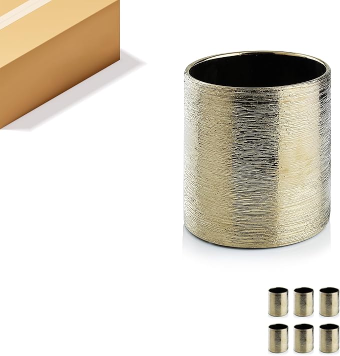WGVI Gold Etched Ceramic Cylinder Vase Width 3.75" Height 4", Flower Arrangements, Candle Holder, Terrarium Planter Pot, Storage Container Organizer, Pen Brush Holder, Scratched Texture, 6 Pcs
