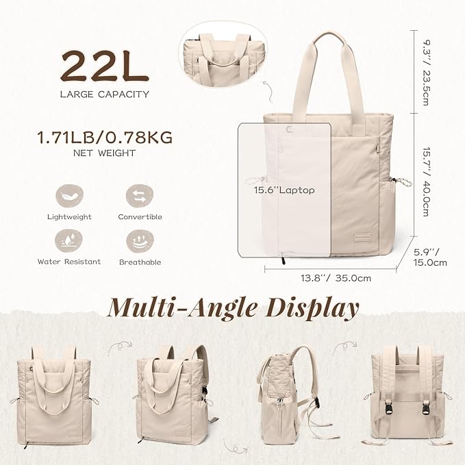 GOLF SUPAGS 3-in-1 Laptop Tote Backpack for Women 15.6" Quilted Work Gym Bag with Hidden Yoga Mat Carrier for Travel Leisure (Apricot)