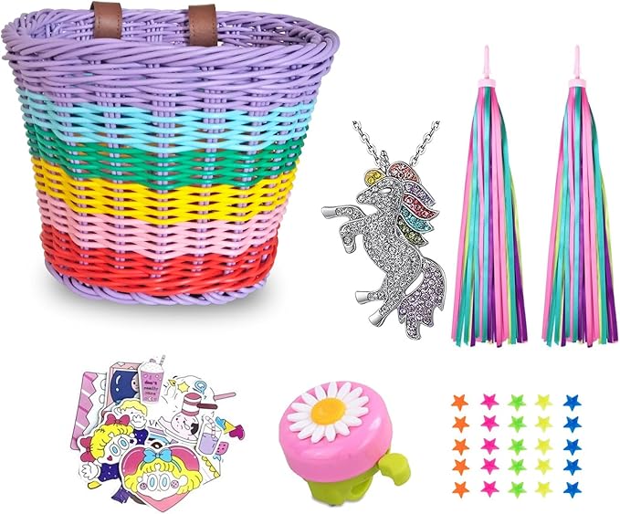 Kids Bike Basket, Wicker Handlebar Bicycle Basket for Girls With Unicorn Necklace, Bell, Streamers, Stickers Decoration Accessories Set
