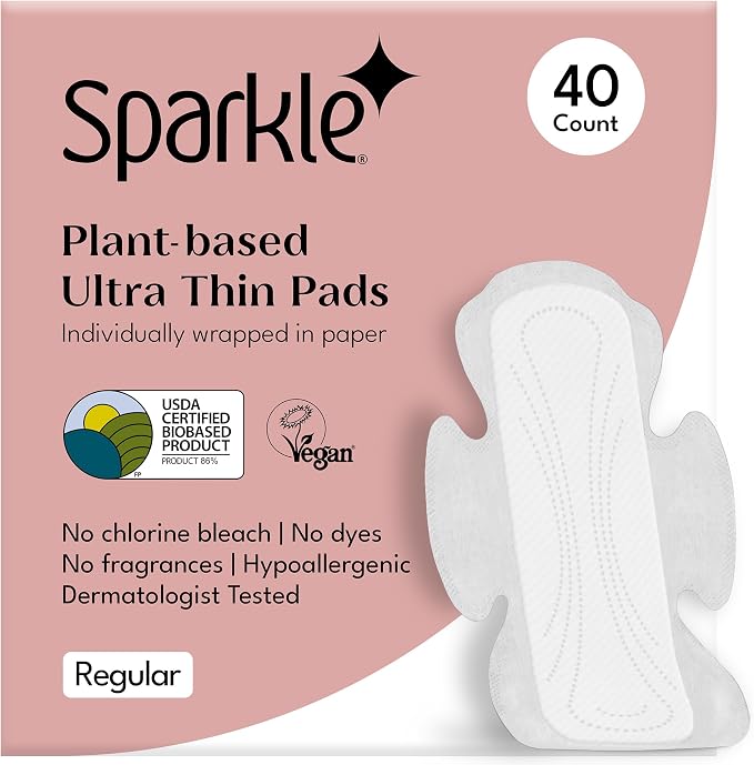 Sparkle Sanitary Pads for Women, Plant-Based Ultra Thin Pads with Wings | Feminine Pads | Organic Pads | Period Pad Softer Than Cotton Pads, Regular Absorbency, Unscented (Regular Pads, 40 Count)