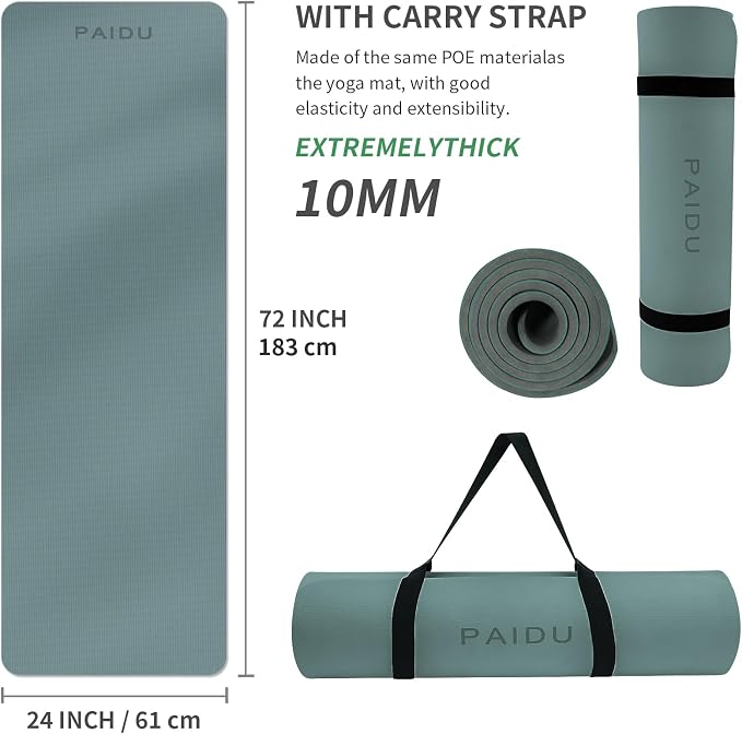 PAIDU Yoga Mat Non Slip Anti-tear,extra thick-2/5 inch（10MM）High Resiliency Professional POE Yoga Mats for Women Men Kids,72"x24"inch,Workout, Yoga, Pilates and Floor Exercise, with Carrier Strap