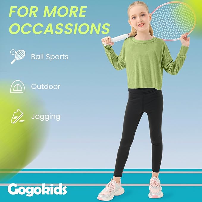 Gogokids Girls Shirts Long Sleeve Athletic Shirts Open Back Tops Active Sports Tshirts Yoga Workout Crop Tees 5-14 Years