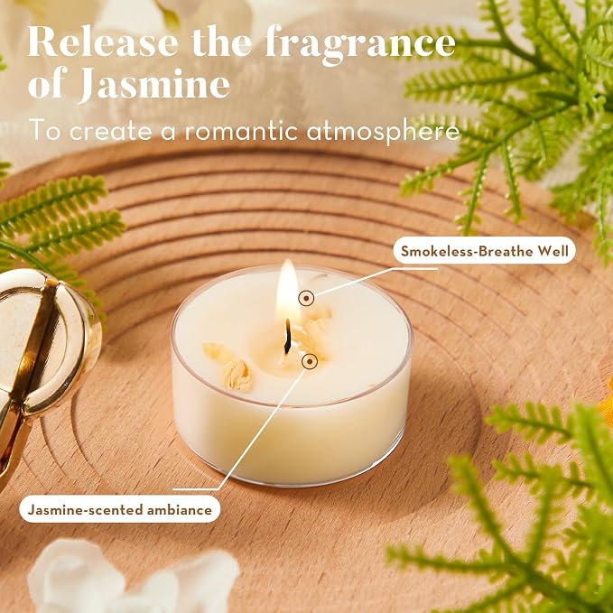 Ashlux 4-Hour Acrylic Jasmine Soy Wax Scented Tea Lights, 8 Pack Bulk | 4 Hour Long Burning, Non-Paraffin, Smokeless, For Weddings, Table Centerpieces, Home Decor & Christmas