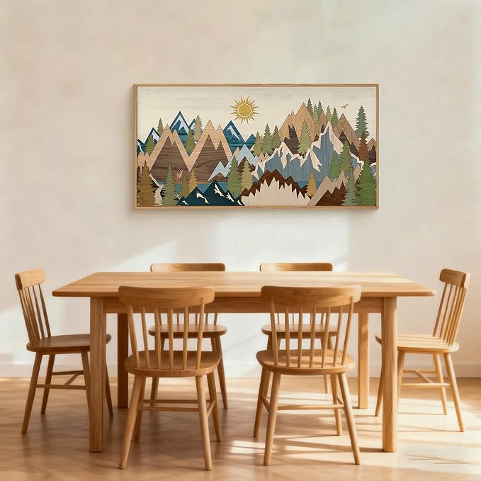 FWIEXA Large Mountain Woodcut Style Canvas Wall Art, Sunrise Pine Tree Wall Decor, Forest Animal Painting, Nature Wilderness Lake Landscape, 20x40In Rustic Artwork for Living Room, Bedroom, Bathroom