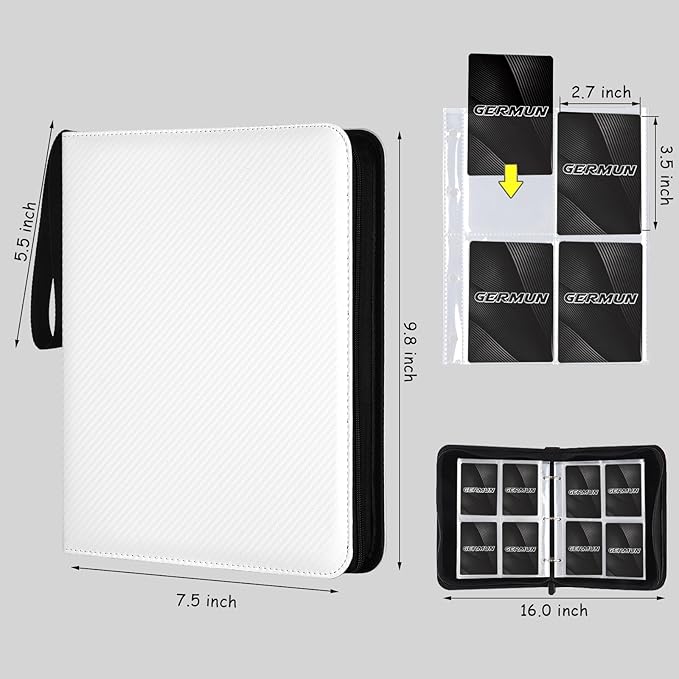 GERMUN 4 Pocket Card Binder, Premium Zip Trading Card Binder, 400 Double Sided Pocket PU Card Collection Binder, Collector Card Album, Card Folder for MTG, TCG, Sports Cards, Game Cards (White)