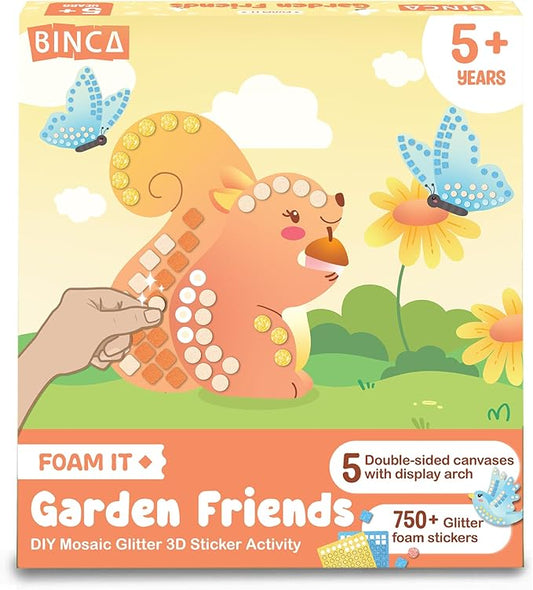 BINCA Foam Sticker Mosaic Art Activity, 750+ 3D Glitter Foam Stickers, 5 Garden Animals with Display Arch, DIY Mess-Free Activities, Felt Craft Kits & Gifts for Boys & Girls Ages 5,6,7,8