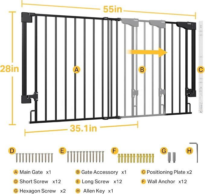 Cumbor 35.1–55" No Bottom Bar Baby Gate for Stairs, 2-in-1 Auto Close Dog Gate Indoor, Hardware Mounted Wide Pet Gate for Doorways with Large Walk Thru Door, Child-Proof Safety Gate for Kids (Black)