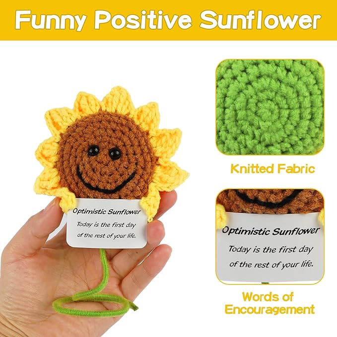 Hoedia Handmade Emotional Pickle Gift, Cucumber Crochet Doll Inspirational Gifts with Cards, Cute Knitted Funny Support Pickle Potato Friend Birthday (Positive Sunflower)