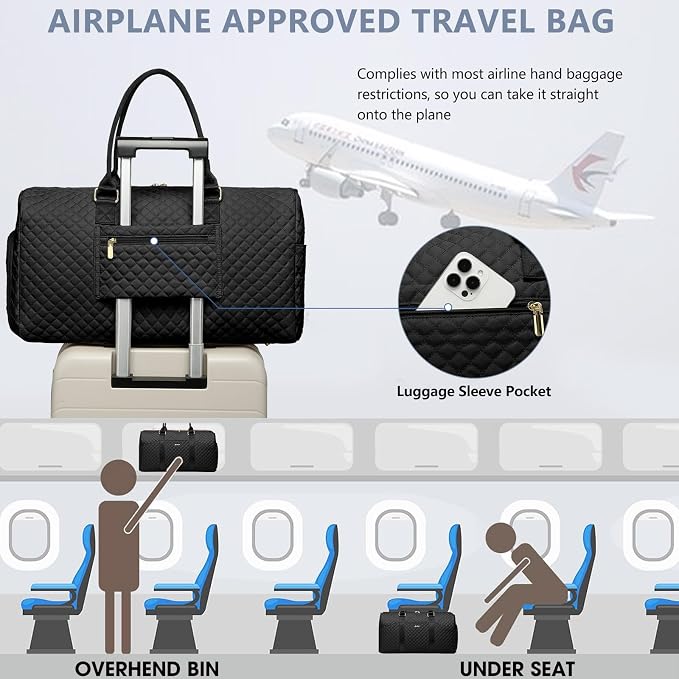 Women Weekender Travel Duffle Bag: Travel Duffel Overnight Bags with Shoe Compartment Large Carry on Tote with Toiletry Bag Weekend Traveling Yoga Gym Hospital Bag for Women with Wet Pocket Black