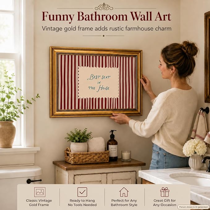 Funny Bathroom Wall Art, Vintage Gold Framed Best Seat in the House, 16x24 | Red striped canvas with Best Seat in the House quote, rustic farmhouse decor for bathroom, living room, bedroom or entryway