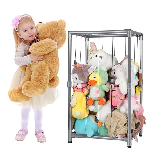 Stuffed Animal Storage Zoo Stuffed Animal Holder,Off-Ground and Space Save Vertical Stuffed Animals Organizer PVC with Elastic for Bedroom Playroom Nursery (Greyish Black, Small)