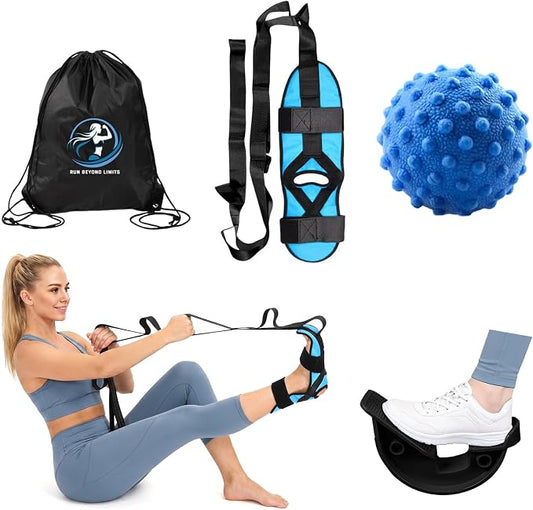 Foot and Calf Stretcher for Plantar Fasciitis Relief - Foot Rocker with Yoga Stretching Strap, Hamstring & Achilles Stretcher - Non-Slip Home Physical Therapy Equipment for Flexibility & Recovery