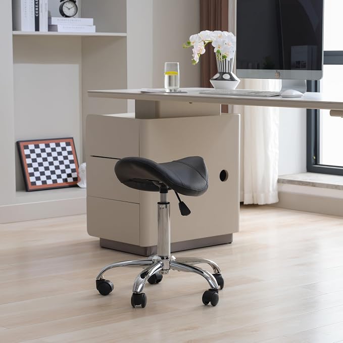 FIRAVOE Saddle Stool, Swivel Saddle Stools with Wheels, Adjustable Rolling Stool 18"-26", Faux Leather Rolling Saddle Stool for Salon, Massage, Clinic, Lab, Office (Black, 1PCS (18"-26"))