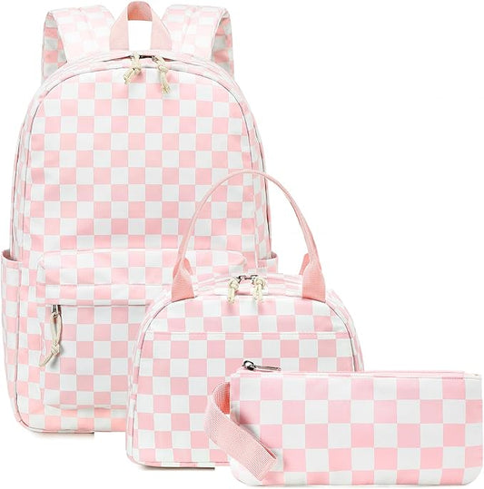 Bluboon Teen Girls School Backpack Kids Bookbag Set with Lunch Box Pencil Case Travel Laptop Backpack Casual Daypacks (Pink white checkered)