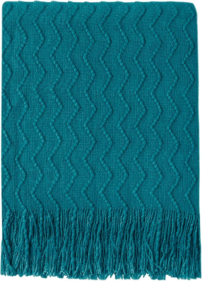 BOURINA Teal Throw Blanket 60x80 Inch Boho Knitted Soft Throw Sofa Blanket | Knitted Throw Blanket 60x80 Inches, Soft Lightweight Boho Weave Throw Decorative Couch Blanket for Living Room Bedroom Chair