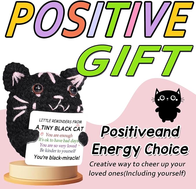 AICase Positive Black Cat Crochet Animals Emotional Support Nuggets Inspirational Knitted Unique Small Fanny Decorations Present Birthday Gifts for Women Men Her Him Sister Mom Dad Girls Boys Fans
