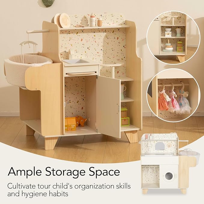 Wooden Baby Doll Crib, 4-in-1 Wooden Baby Care Playset with Cradle, Montessori Role Play Toy for Kids Ages 3-9，Kitchen Playset & Play Kitchen Toy Set, Gift for Boys & Girls