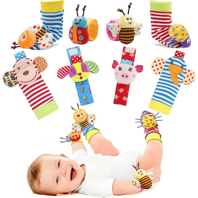 Bloobloomax Soft Baby Rattle Wrist Rattle Foot Finder Socks Set,Cotton and Plush Stuffed Infant Toys,Birthday Holiday Birth Present Gift for Newborn Boy Girl Kids Toddler (8pcs-B Set)