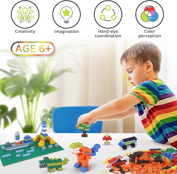 1100 Pieces Building Bricks, Compatible with Lego Classic Building Blocks Bulk with Baseplates, Doors Windows and Wheels, STEM Creative Construction Toys for 6 7 8 9 10 11 12 Year Old