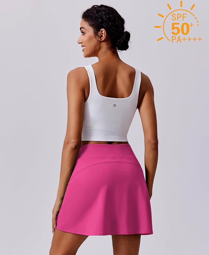 PINSPARK 17" Golf Skorts for Woman High Waisted Tennis Skirt with 4 Pockets | Lightweight, Quick Dry, 4-Way Strecth, Breathable, Tummy Control, UPF 50+ Athletic Skort for Workout, Pickleball, Gym, Casual