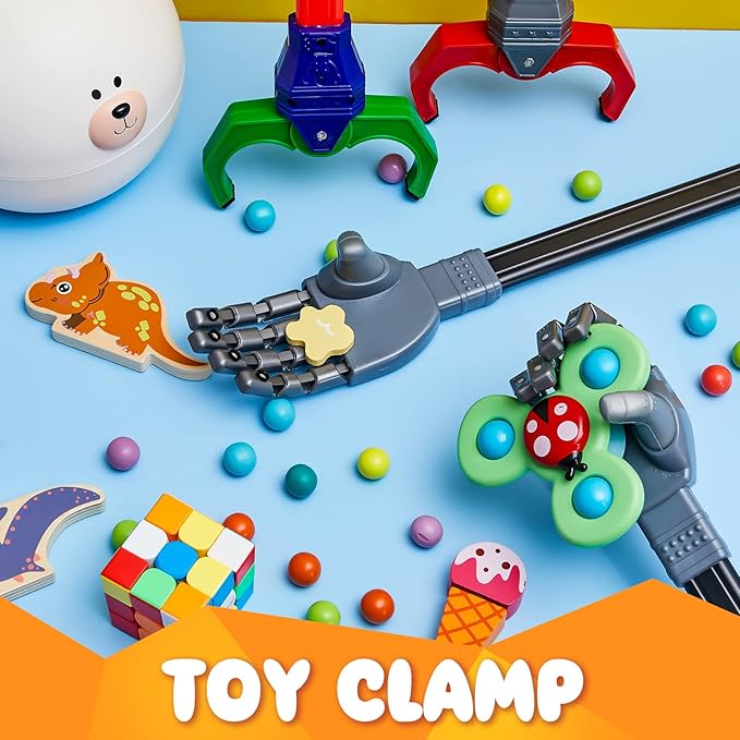 Lewtemi 4 Pcs Interactive Grabber Toy for Kids Claw Robot Arm Pack Reacher Pickup Tool for Boys Girls Children Fun Early Learning and Hand Eye Coordination Play, 18 Inch (Red,Blue,Gray)